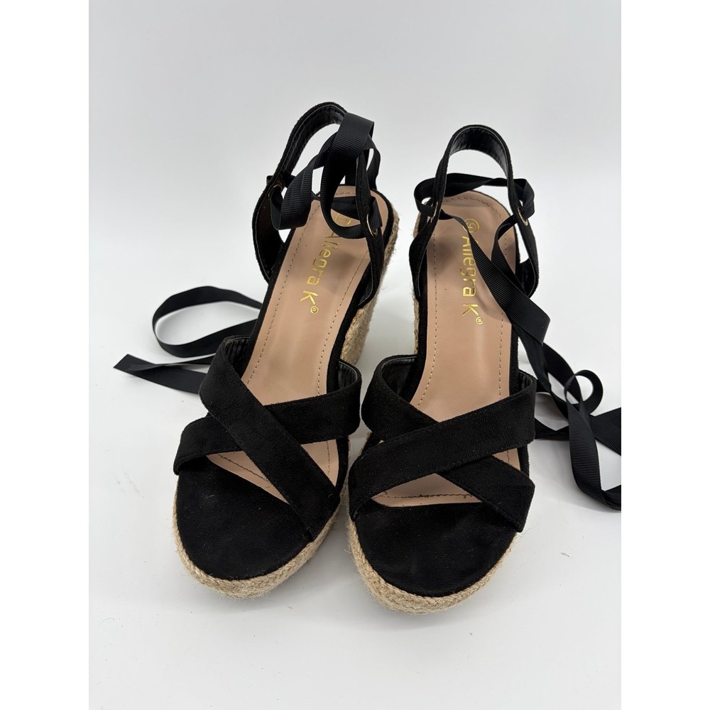 Allegra K‎ Black 3" Heel Esoadrille LaceUp Wedge Platform Sandal Shoes, Size 9